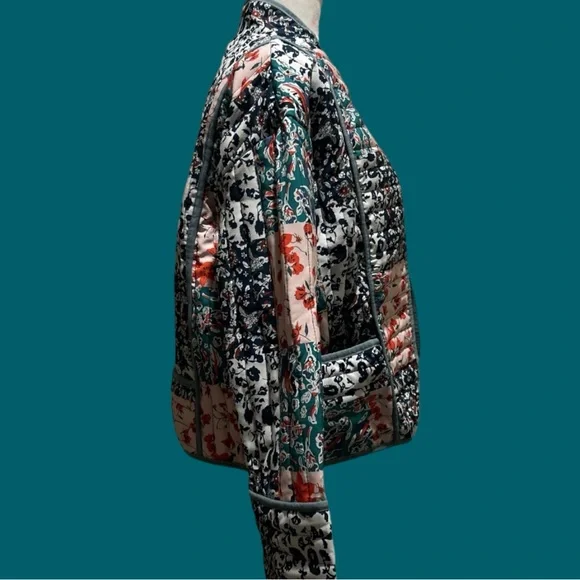 Warm Trendy Quilted Jacket Open Front Multi-Color All-Over Floral Print Small - Picture 3 of 16